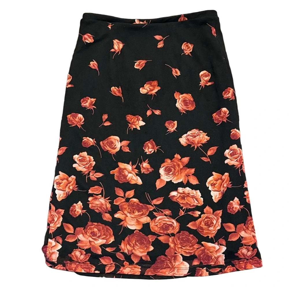 Express Black and Red Floral Pencil Skirt